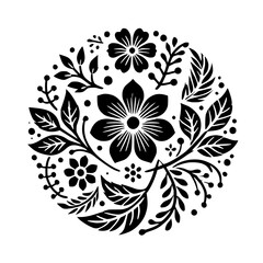 Circular Floral Design: Black and White Botanical Illustration, Elegant Nature-Inspired Pattern, Vintage Style, Vector Graphic