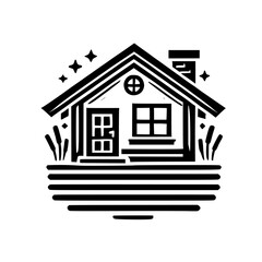 Charming Black and White House Illustration: Modern Home Design, Minimalist Architecture, Cozy Cottage, Real Estate, Property