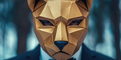 Eccentric weird strange man in wild animal paper mask, anonymity, obfuscation of fashion, individuality and self-expression