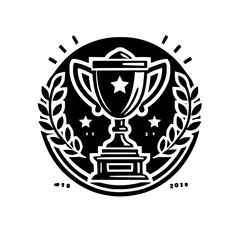 Champion's Trophy: A Black and White Emblem of Victory and Success. This striking image showcases a trophy surrounded by laurel leaves, symbolizing triumph and achievement in sports or competition.