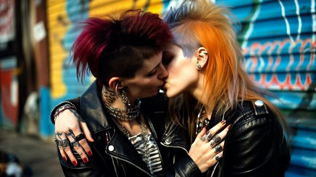 Portrait of two beautiful punk girls with colored dyed hair. Punk style. Kissing. Urban tribes