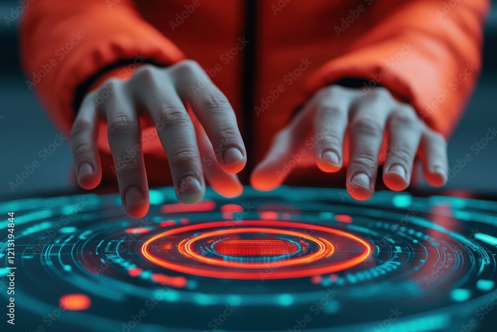 Poster close-up of hands interacting with a futuristic digital interface, showcasing advanced technology an