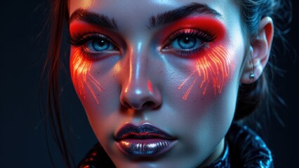 Obraz premium Neon-inspired experimental makeup with glowing orange accents and metallic details, creative and bold.