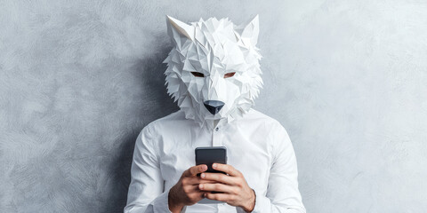 Man dressed wild animal paper mask typing on phone. Creative concept of anonymity in social networks, haters, commentators