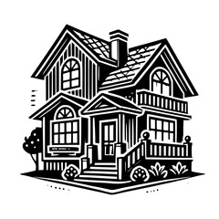 A captivating black and white illustration of a charming house, showcasing exquisite architectural details and a cozy atmosphere. Ideal for real estate, home design, and architecture enthusiasts.