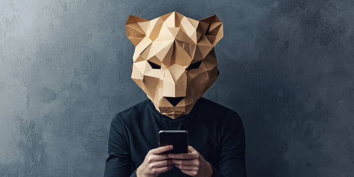Man dressed wild animal paper mask typing on phone. Creative concept of anonymity in social networks, haters, commentators