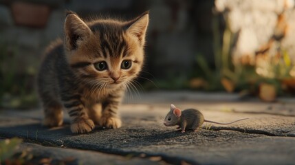 A small tabby kitten encounters a tiny mouse on a stone path in the garden