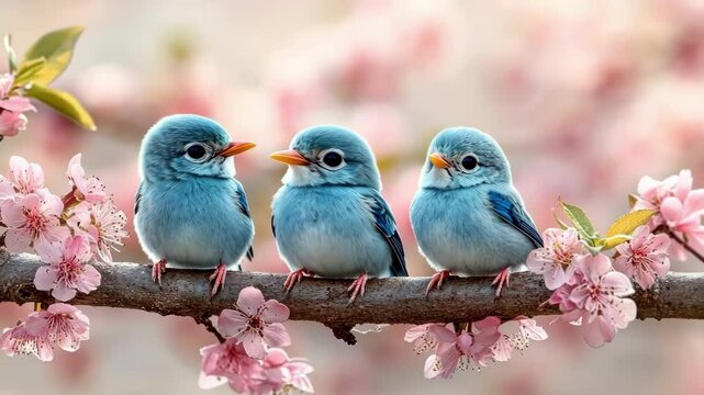Three adorable blue birds on branch with pink blossoms in springtime setting