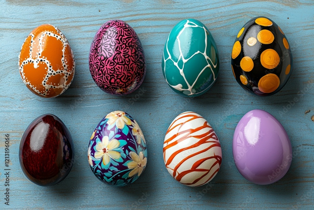 Poster row of colorful eggs with different patterns and designs