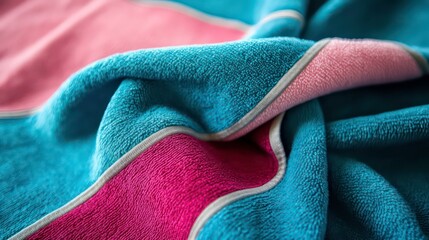 Fototapeta premium Close-up of a soft, textured, multicolored beach towel with pink, teal, and white stripes, artfully draped.