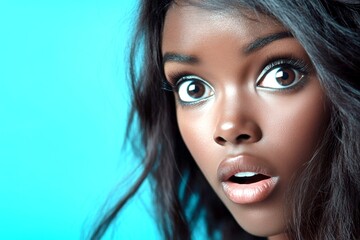 Fototapeta premium Commercial ad visual idea. Long trim - highlighted hair. Stunning very astounded black girl - for ads, advertisement and online promotion promotion use. Woman model. African beauty.