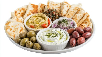 A platter of Mediterranean meze with hummus, tzatziki, olives