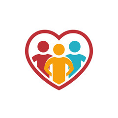 Three motivated people in a heart shape line logo concept. Love community elegant symbol. Teamwork cooperation theme colorful icon.