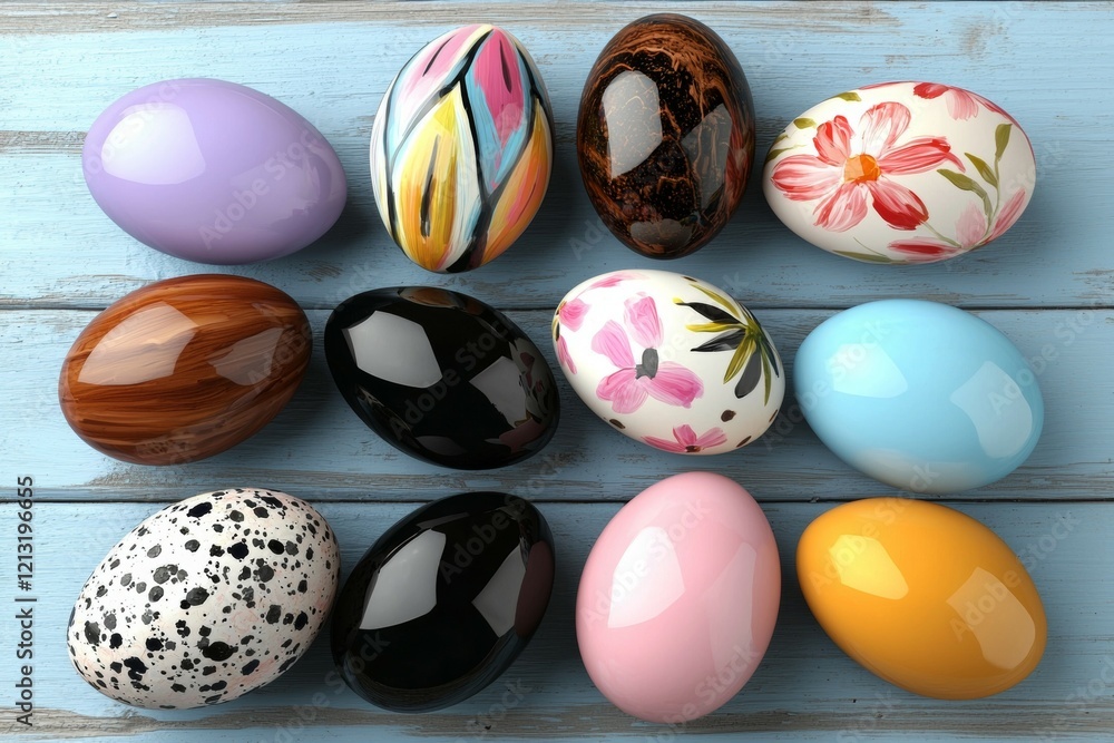 Poster row of colorful eggs with different patterns and designs