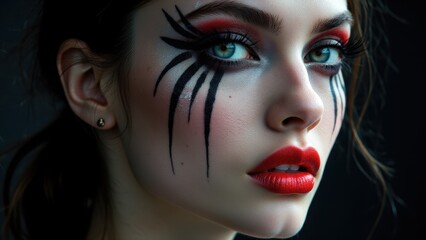 Fototapeta premium Fierce experimental makeup featuring red and black tiger stripe design with bold artistic accents.