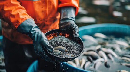 Close-up of gloved hands holding a bowl of fish and fish eggs during aquaculture.