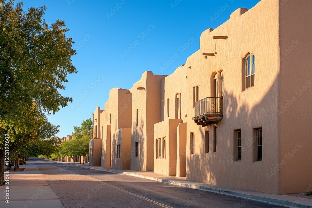 Poster row of tan buildings with a tree in front of them