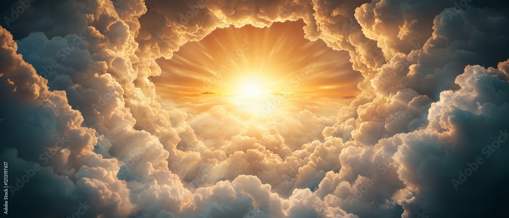 Poster sun is shining through a cloud, creating a beautiful and serene scene