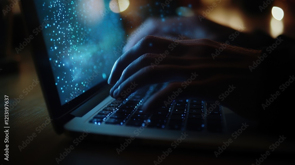 Poster close up of male hands typing on laptop keyboard in dark environment, illuminated screen displaying 