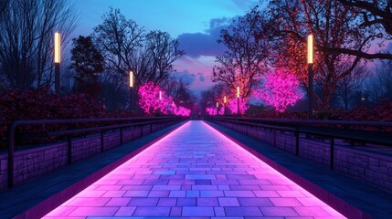 Glowing 3D Dynamic Render of a Pathway Surrounded by Colorful Trees