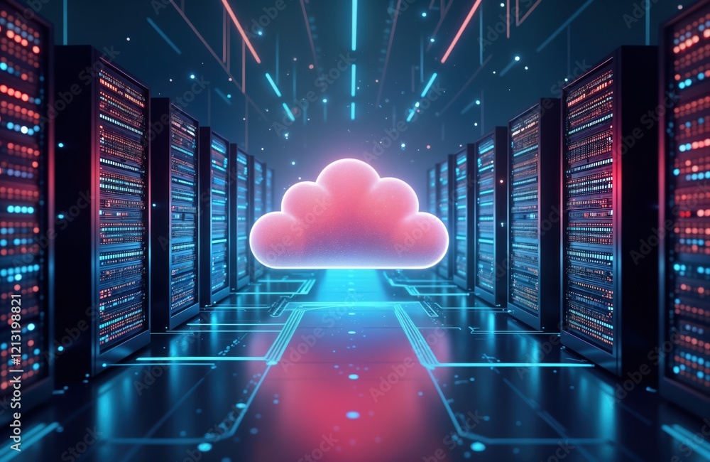 Aufkleber Futuristic tech server room shows cloud computing. Rows of server racks line hallway. Neon lights highlight infrastructure. Cloud icon floats in center. Advanced digital communication, global