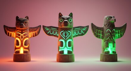 Illuminated totem poles, carved wood,  native american art, glowing green light, orange light.