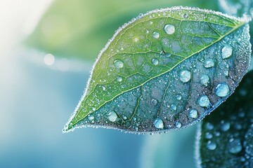 Frozen Beauty: Close-Up of a Winter Leaf Covered in Glistening Dew Drops, Nature's Icy Masterpiece