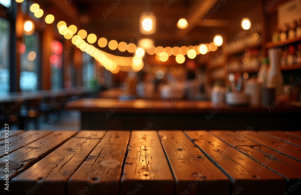 Poster rustic wooden table in dimly lit bar. warm string lights create cozy atmosphere. interior of pub blu