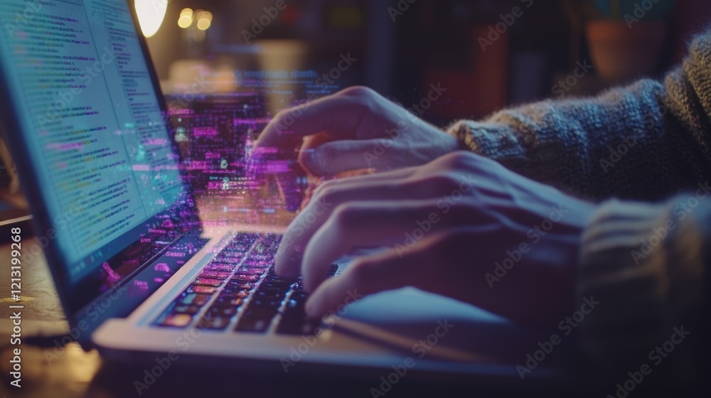 Poster close up of programmer hands typing code on laptop keyboard with augmented reality futuristic hologr