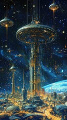 Obraz premium Breathtaking of a futuristic alien metropolis with towering skyscrapers glowing structures and spacecraft hovering in the starry night sky