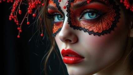 Fototapeta premium Golden glitter experimental makeup with black lace details, dramatic and artistic close-up portrait.