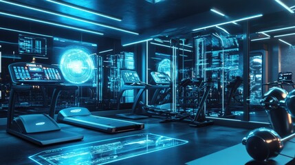 Futuristic Gym with Digital Displays and Neon Lighting a Modern Fitness Space