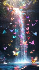 Enchanting waterfall surrounded by a swarm of vibrant fantasy butterflies in a dreamy fairytale like landscape  The cascading water creates a mesmerizing atmosphere with the glowing