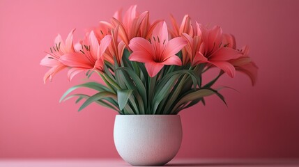 Obraz premium Pink lilies in a white vase on a vibrant background