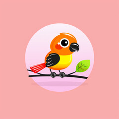 Cute pet bird perched on branch with bright background