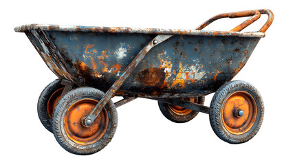 Rusty Wheelbarrow: A weathered, four-wheeled wheelbarrow stands idle, its once bright metal surface now rusted and worn, a testament to years of hard work and the passage of time.