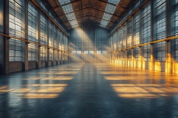 minimalist futuristic warehouse interior with soaring ceiling heights stark geometric lines ambient lighting casting long shadows industrialmodern aesthetic