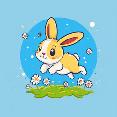 Cute rabbit hopping through field of daisies, joyful and playful