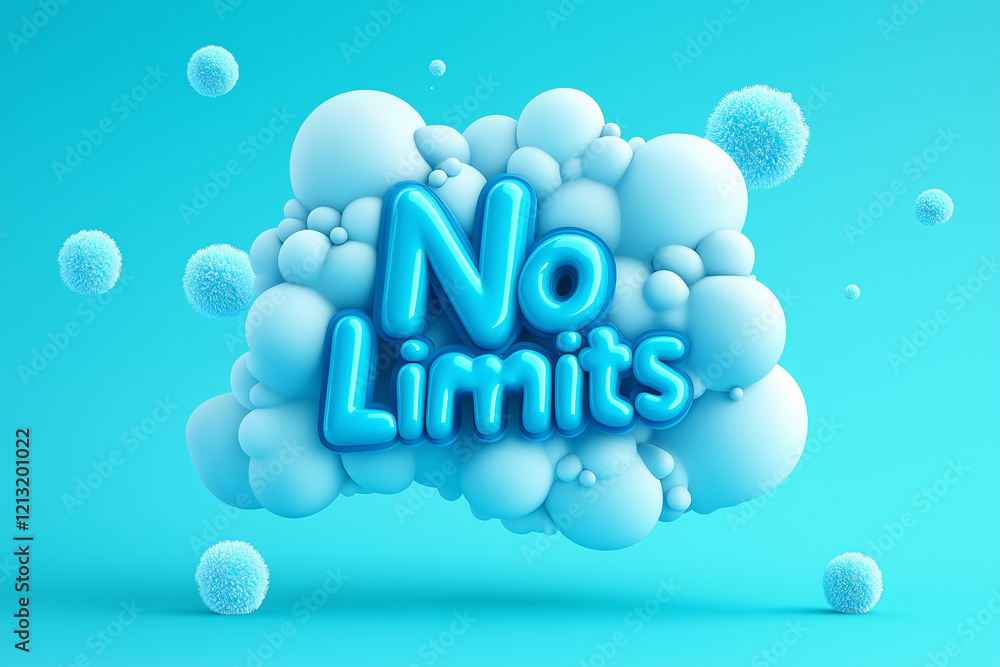 Poster bright and playful no limits design on a light blue background with soft bubbles and a modern font