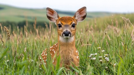 Fototapeta premium Fawn in grassy field, rolling hills background, wildlife nature scene, ideal for nature documentaries