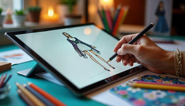 Fashion designer uses digital tablet to create fashion sketch. Colorful tools, materials around designer. Fashion illustration, creative process. Studio workspace, modern tech tools. Innovative