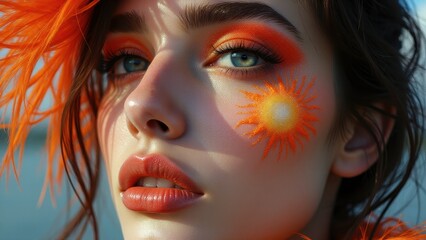 Fototapeta premium Experimental vibrant orange makeup with bold artistic patterns and striking close-up details.