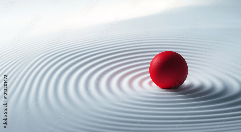 Poster red sphere on white rippled surface with abstract minimalist design