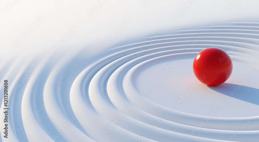 Poster red sphere on rippling white surface with minimalist abstract design