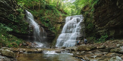 A serene waterfall scene surrounded by lush greenery and hikers exploring the area.