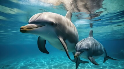 Fototapeta premium Underwater Encounter: Majestic Dolphins in their Ocean Habitat