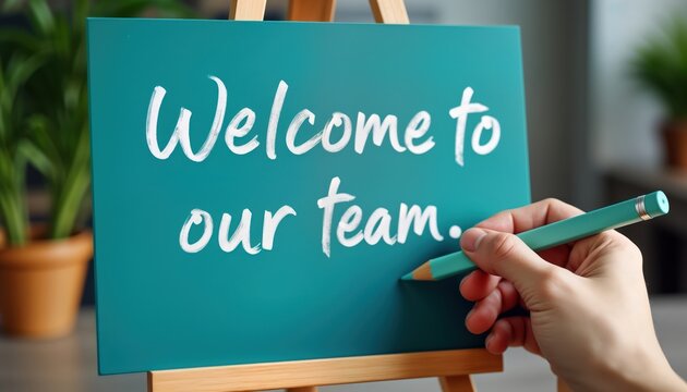 Blue board with white chalk inscription Welcome to team. New employee onboarding concept. Company culture. Teamwork. Welcoming new colleagues. Recruitment process. Business theme. Positive