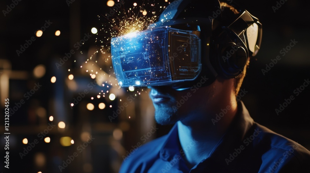 Poster industrial engineer wearing augmented reality headset visualizing a 3d model of a machine part with 