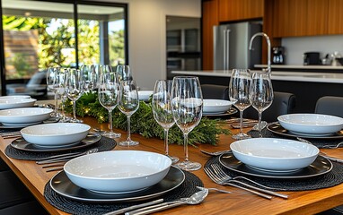 Fototapeta premium Elegant dining table setting with modern decor.