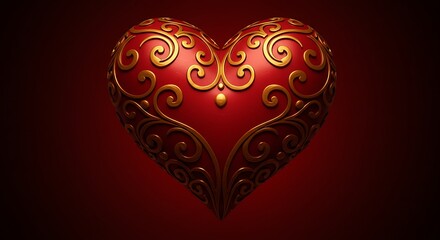 Ornate red heart with golden accents.  Romantic 3D heart.
